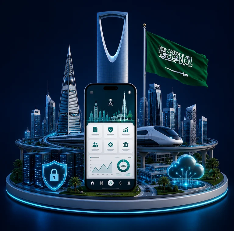 Mobile app infrastructure and architecture illustration for Saudi Arabia